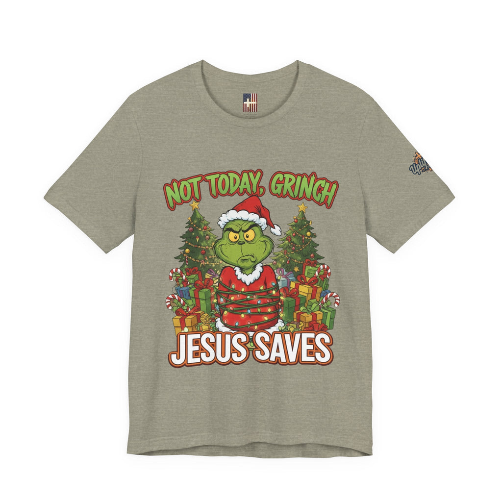 🎄 Not Today, Grinch – Jesus Saves | Funny Christian Christmas T-Shirt | Sulking Grinch & Glowing Cross | Bold Neon Faith Tee by Uplifted Gear Printify