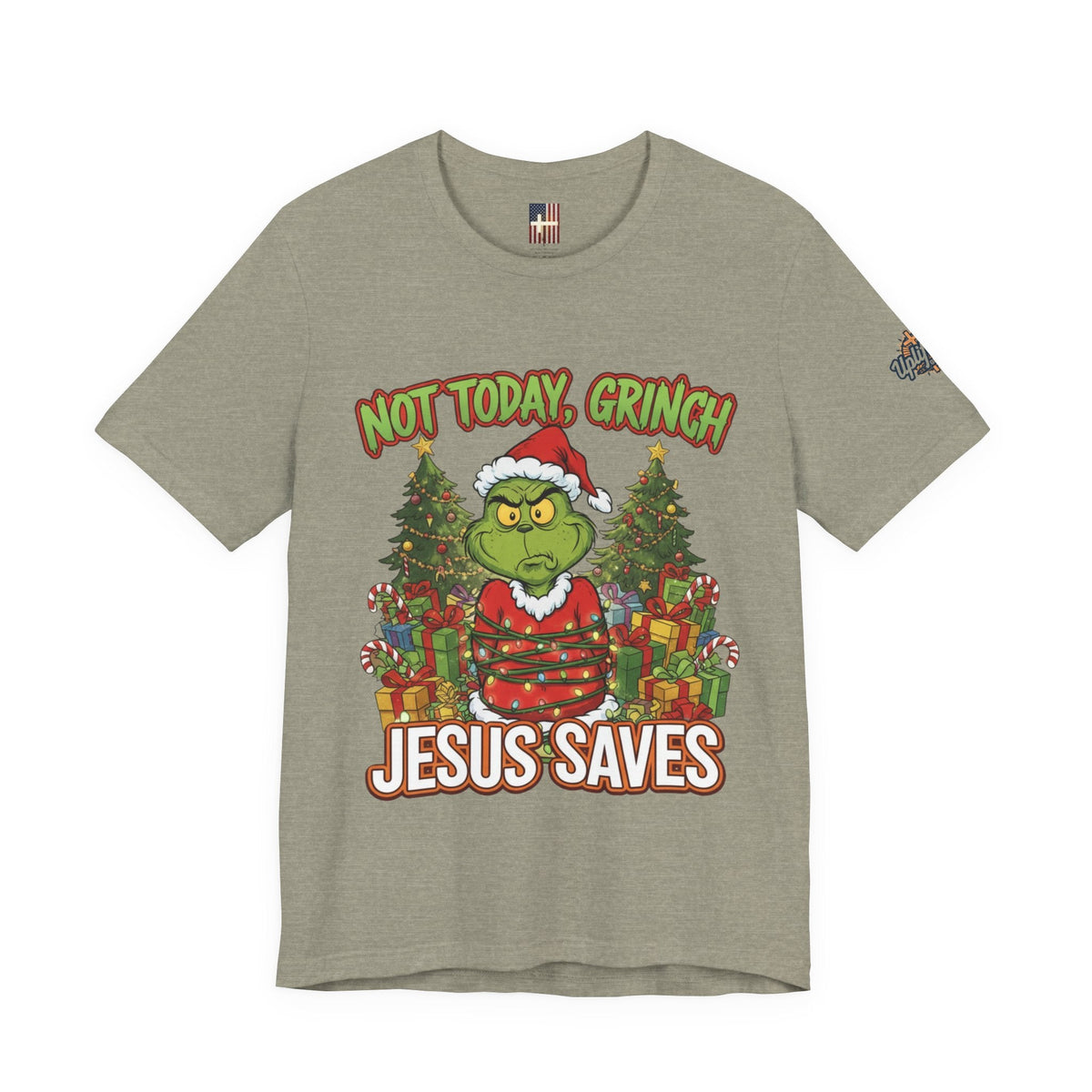 🎄 Not Today, Grinch – Jesus Saves | Funny Christian Christmas T-Shirt | Sulking Grinch & Glowing Cross | Bold Neon Faith Tee by Uplifted Gear Printify