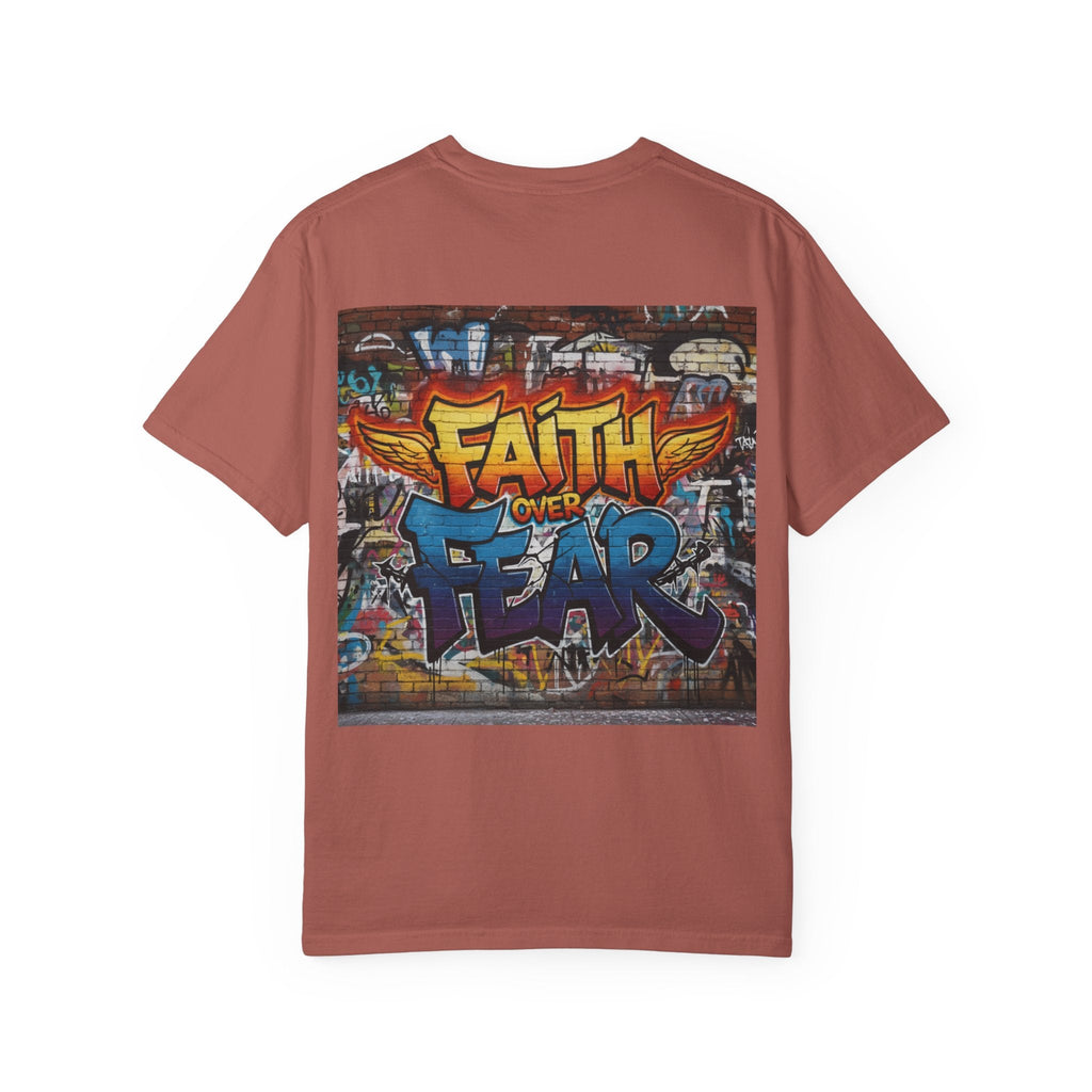 Faith Over Fear T-shirt – Graffiti Wall Christian T-shirt for Bold 2 Corinthians 5:7 Streetwear & Unshakable Faith Printify