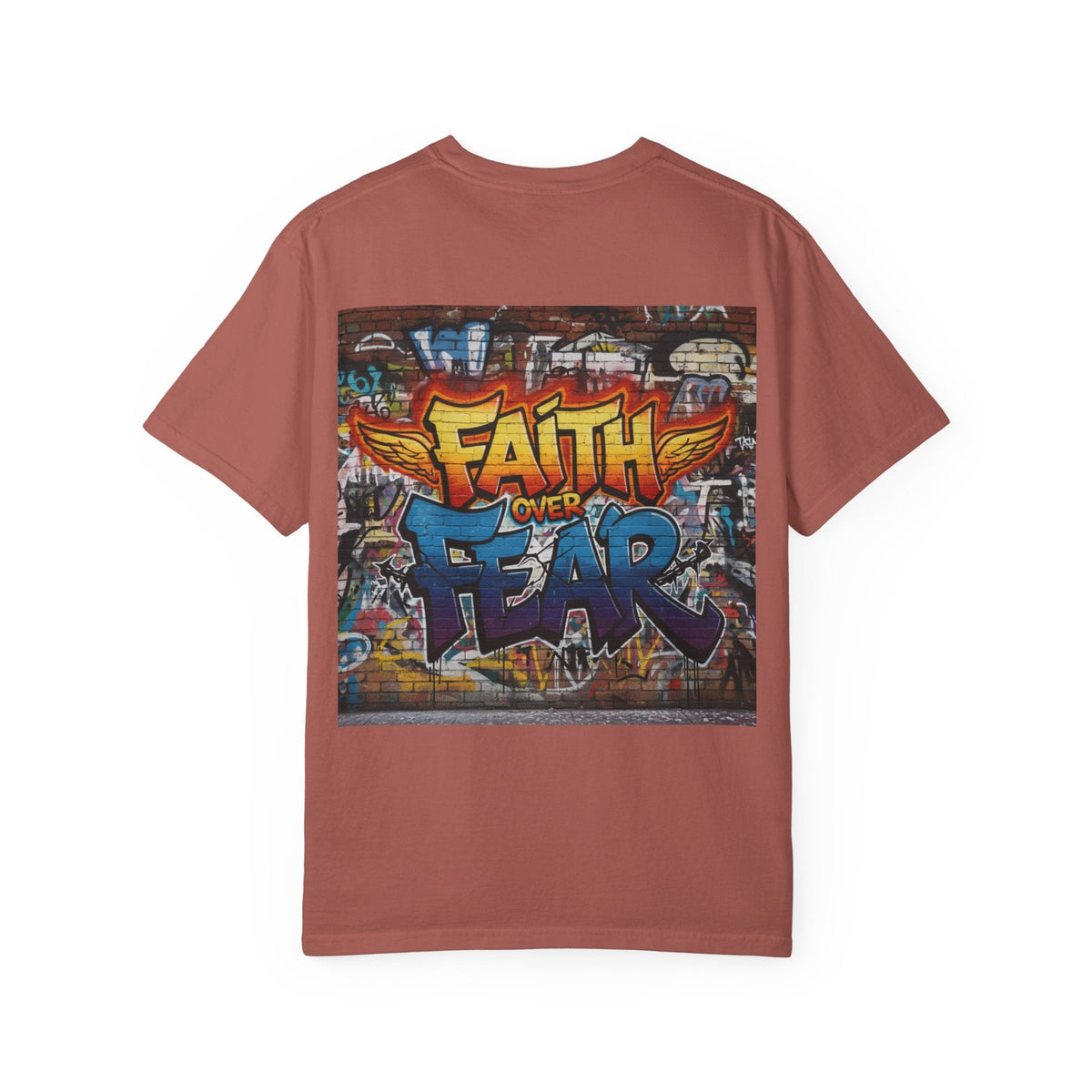 Faith Over Fear T-shirt – Graffiti Wall Christian T-shirt for Bold 2 Corinthians 5:7 Streetwear & Unshakable Faith Printify