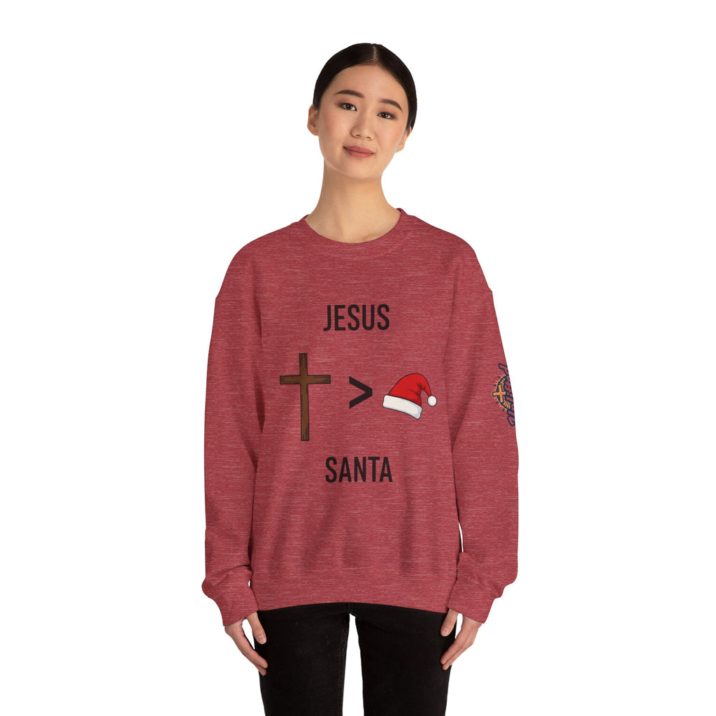 🎄 Jesus > Santa – Minimalist Christian Christmas Sweatshirt | Bold Faith Over Holiday Tee | Cross vs Santa Hat Design | Uplifted Gear Printify