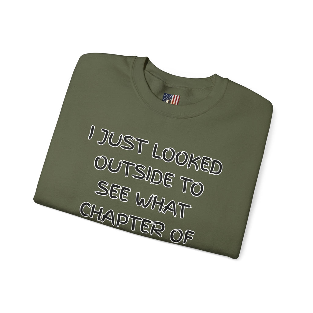 What Chapter of Revelation Sweatshirt – I Looked Outside My Window Christian Sweatshirt for End Times Humor & Faith Printify