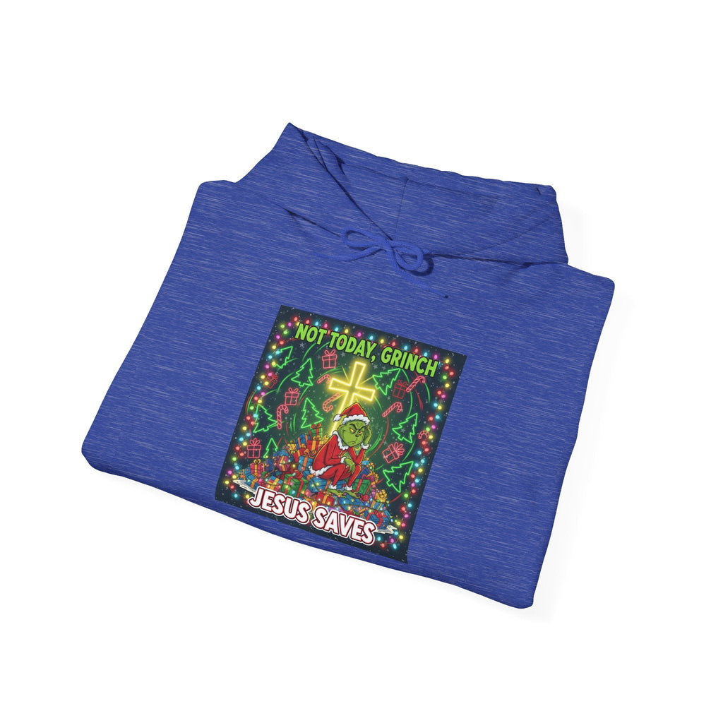 🎄 Not Today, Grinch – Jesus Saves | Funny Christian Christmas Hoodie | Festive Green & Red Cartoon Style | Bold Faith Holiday Tee by Uplifted Gear Printify