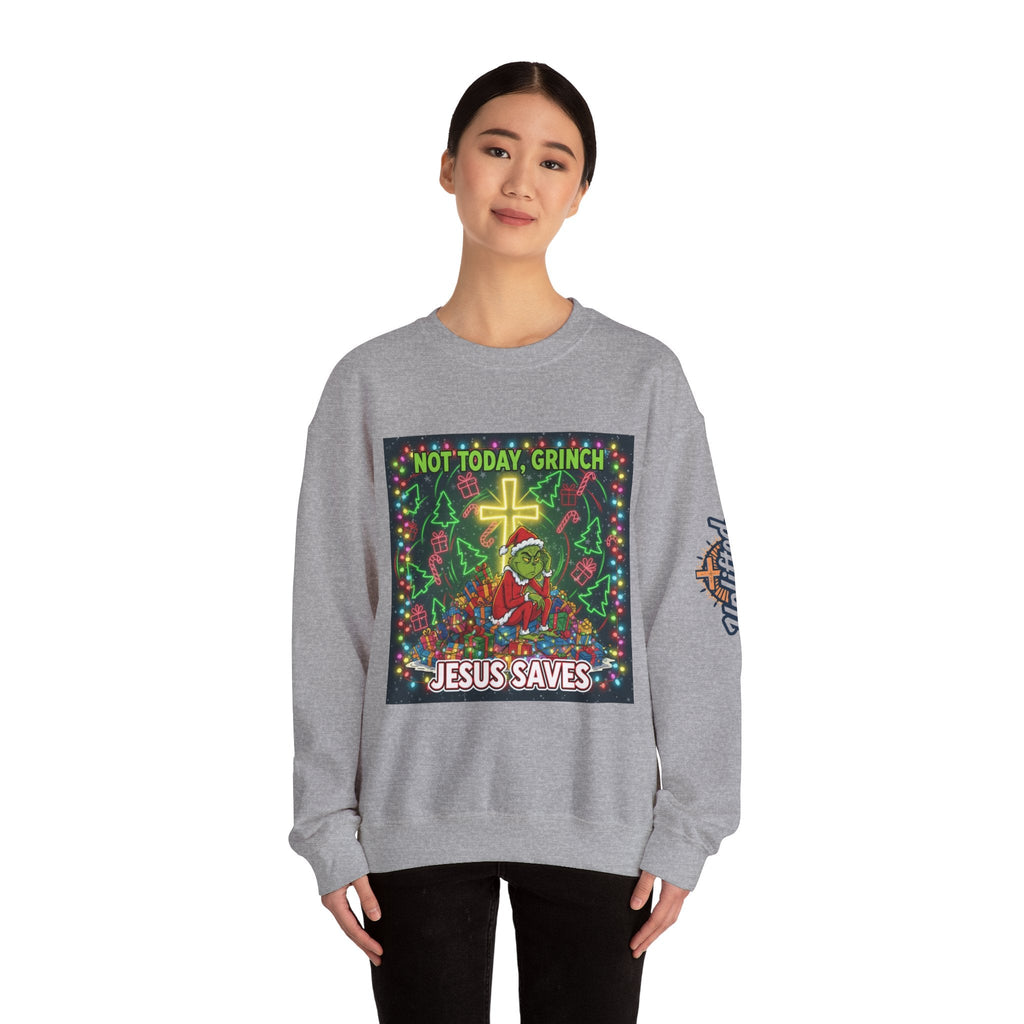 🎄 Not Today, Grinch – Jesus Saves | Funny Christian Christmas Sweatshirt | Festive Green & Red Cartoon Style | Bold Faith Holiday Tee by Uplifted Gear Printify