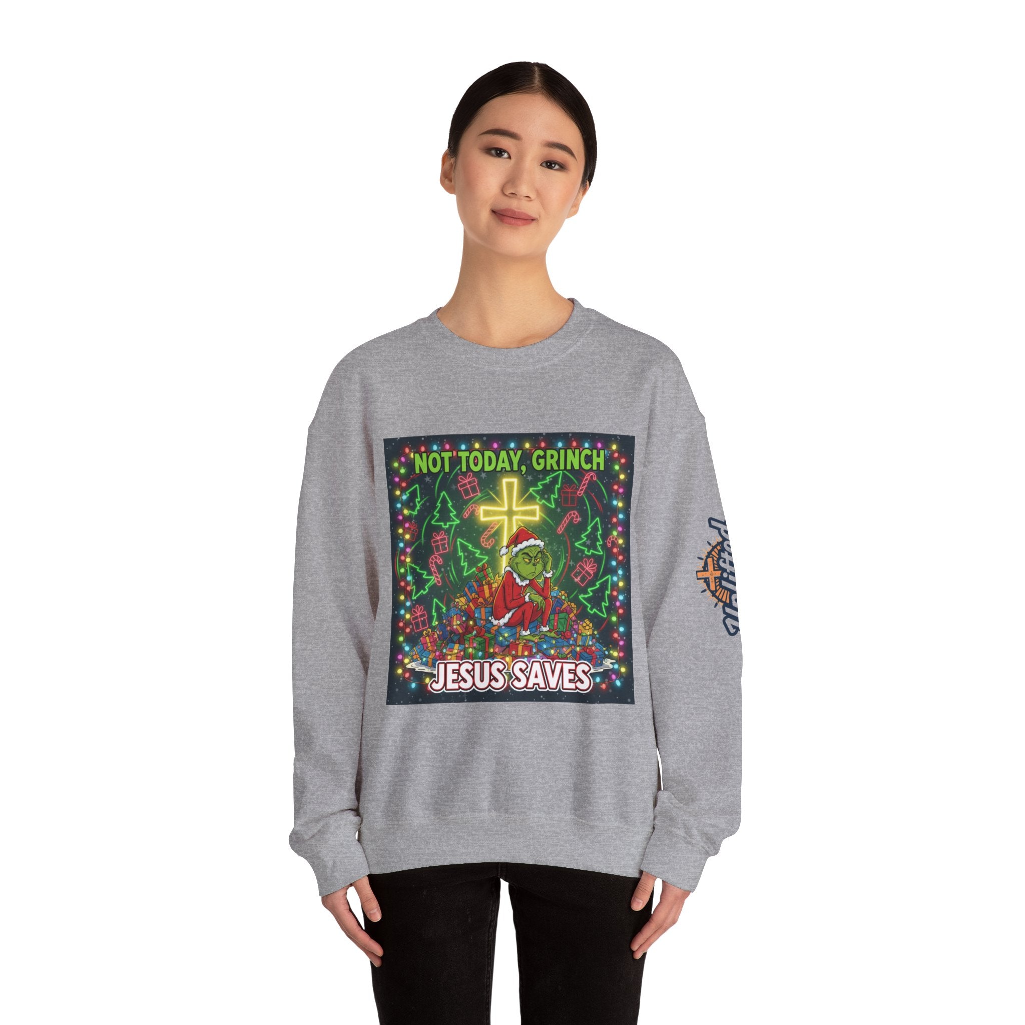 🎄 Not Today, Grinch – Jesus Saves | Funny Christian Christmas Sweatshirt | Festive Green & Red Cartoon Style | Bold Faith Holiday Tee by Uplifted Gear Printify