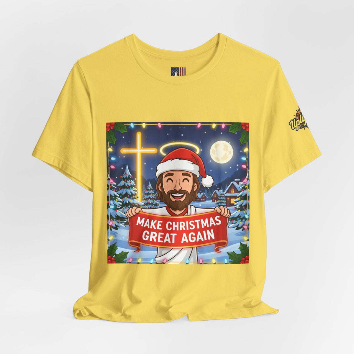 🎄 Make Christmas Great Again – Funny Christian T-Shirt | Jesus Holding Banner | Faith-Based Holiday Parody Tee | Uplifted Gear Printify