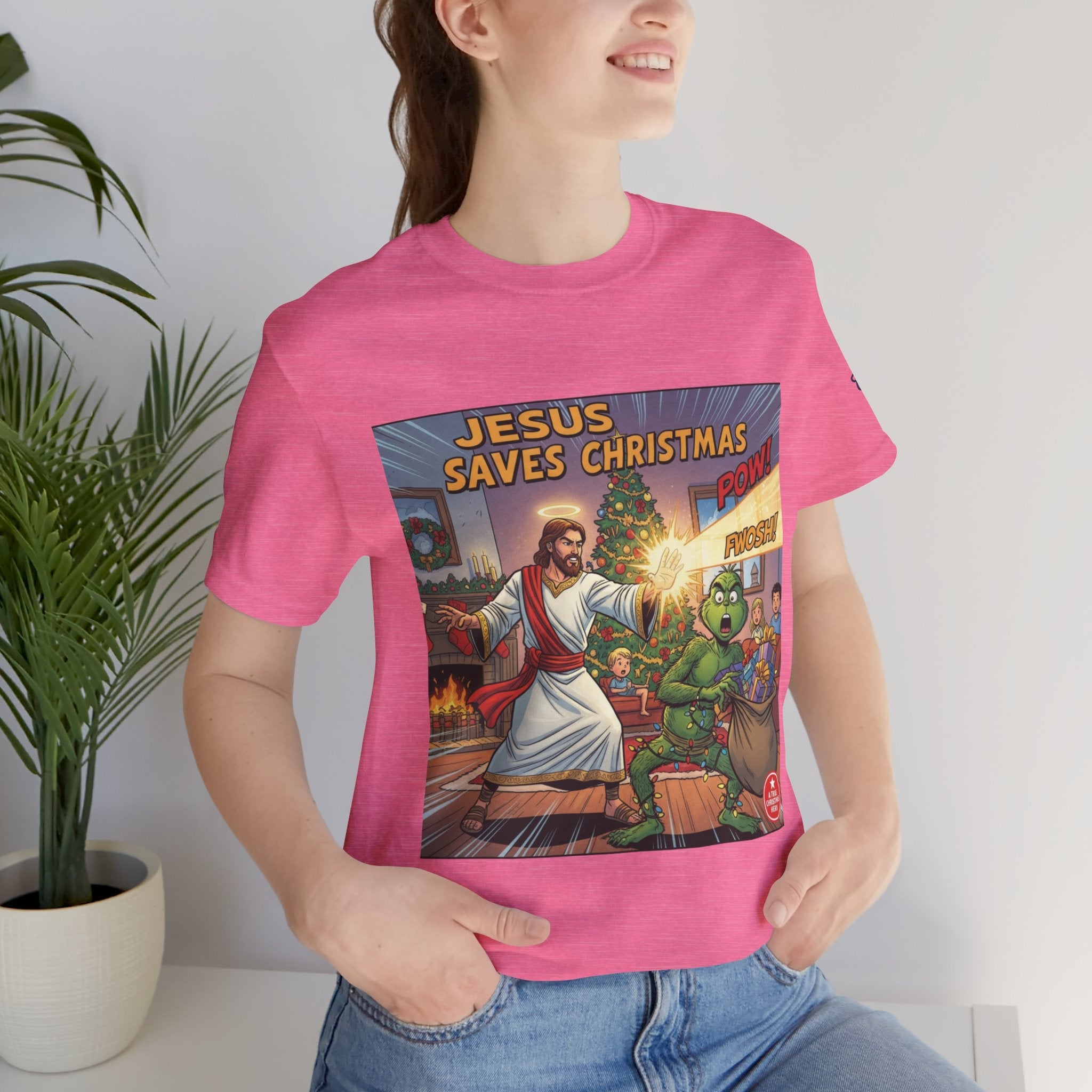 Jesus Saves Christmas T-shirt – Grinch vs Savior Light Battle Christian T-shirt for Hilarious Holiday Faith & True Joy Printify