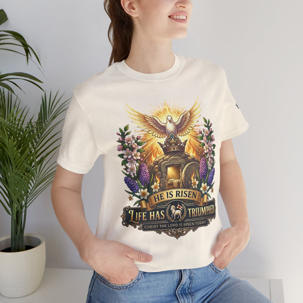 He Is Risen "Life Has Triumphed" T-Shirt — Easter Resurrection Christian Tee Printify