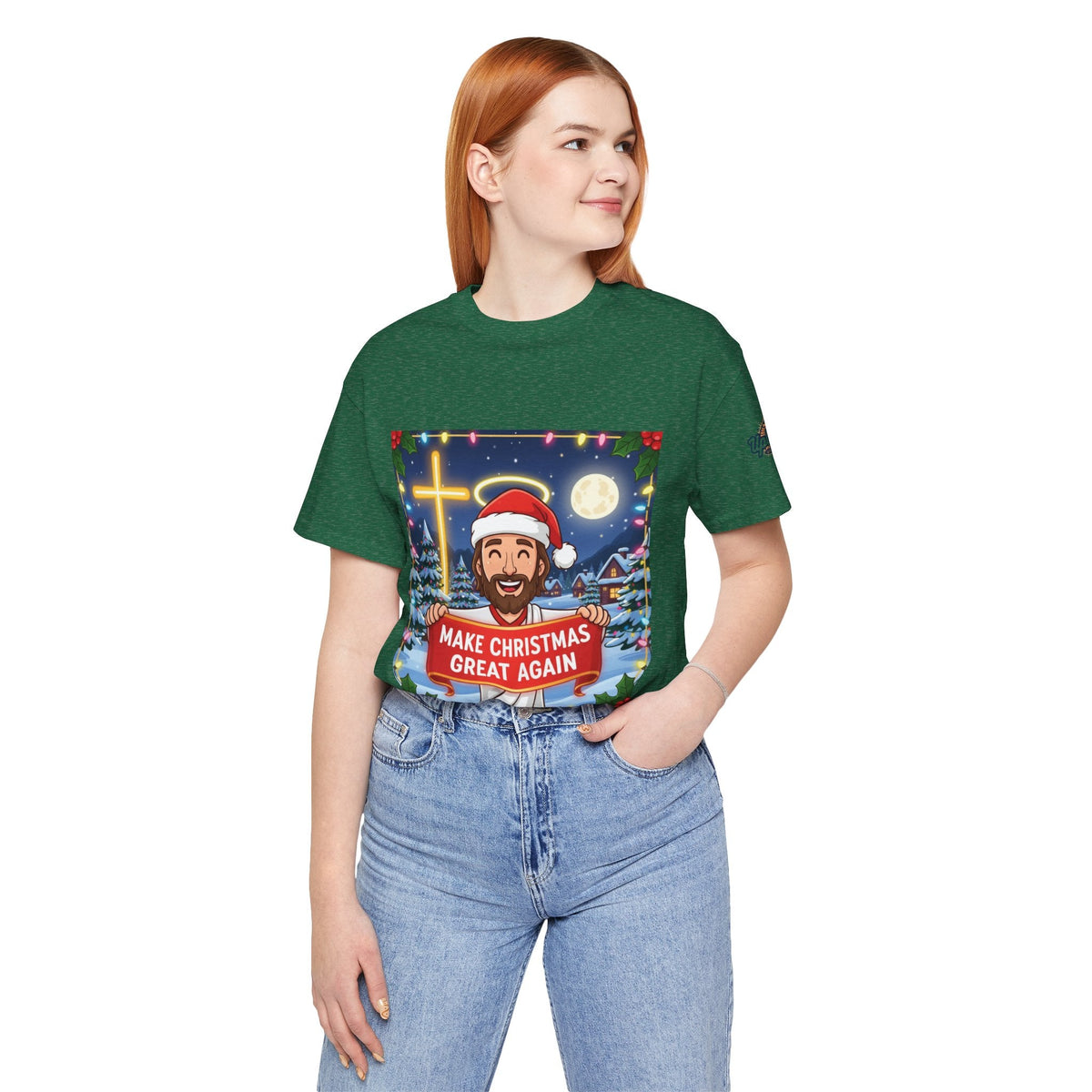 🎄 Make Christmas Great Again – Funny Christian T-Shirt | Jesus Holding Banner | Faith-Based Holiday Parody Tee | Uplifted Gear Printify