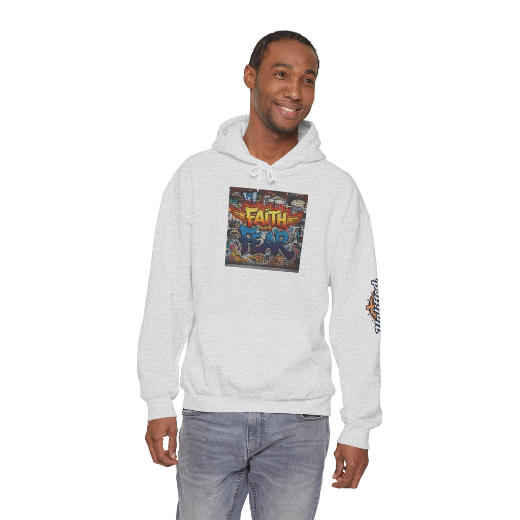 Faith Over Fear Hoodie – Graffiti Wall Christian Sweatshirt for Bold 2 Corinthians 5:7 Streetwear & Unshakable Faith Printify