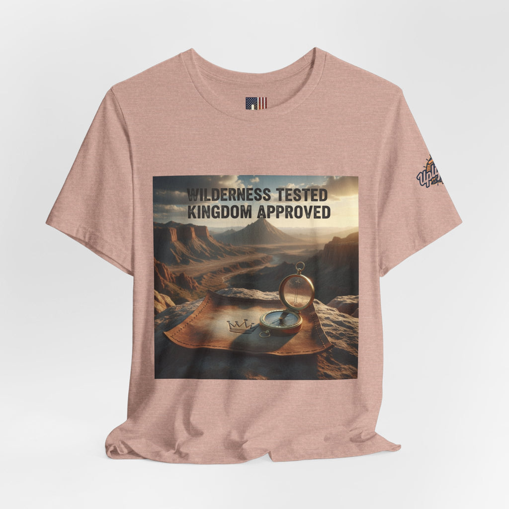 Wilderness Tested Kingdom Approved T-shirt – Mountain Desert Compass Crown Christian T-shirt for Biblical Adventure Faith Printify