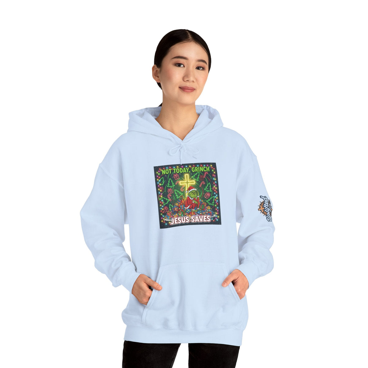 🎄 Not Today, Grinch – Jesus Saves | Funny Christian Christmas Hoodie | Festive Green & Red Cartoon Style | Bold Faith Holiday Tee by Uplifted Gear Printify
