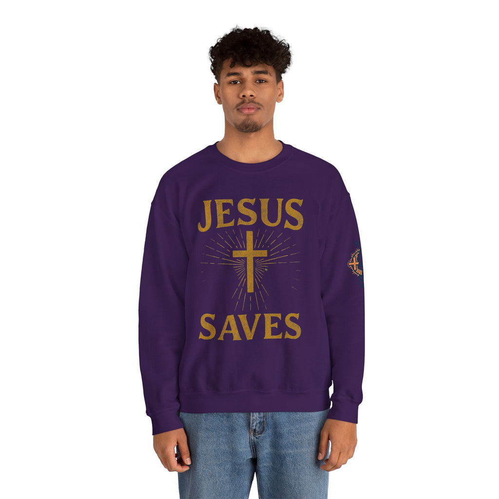 Jesus Saves Sweatshirt – Radiant Cross & Rays of Light Christian Sweatshirt for Eternal Hope & Faith Printify