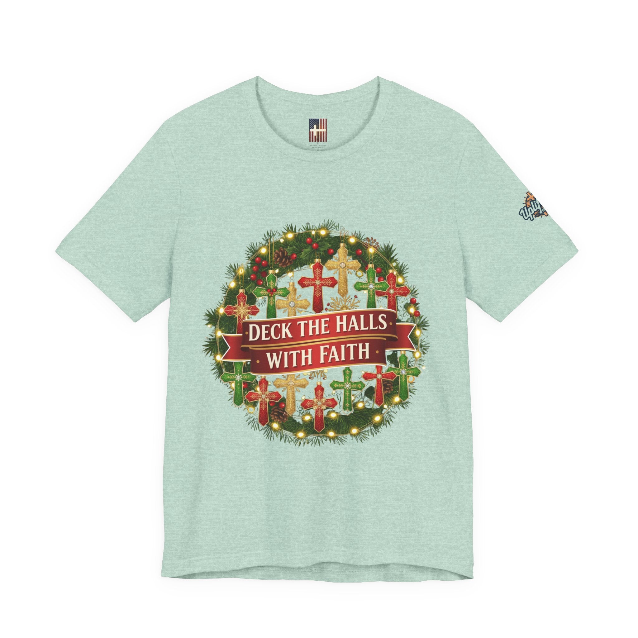 🎄 Deck the Halls with Faith – Christian Christmas T-Shirt | Cross Ornament Design & Festive Garland | Bold Holiday Faith Tee by Uplifted Gear Printify