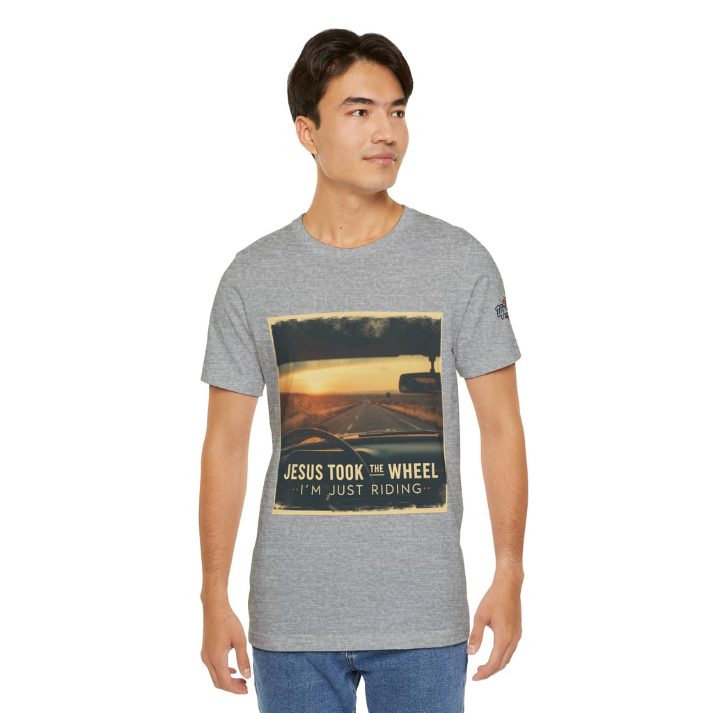 Jesus Took the Wheel I'm Just Riding T-shirt – Funny Christian Convertible Car T-shirt for Surrendered Faith & Humor Printify