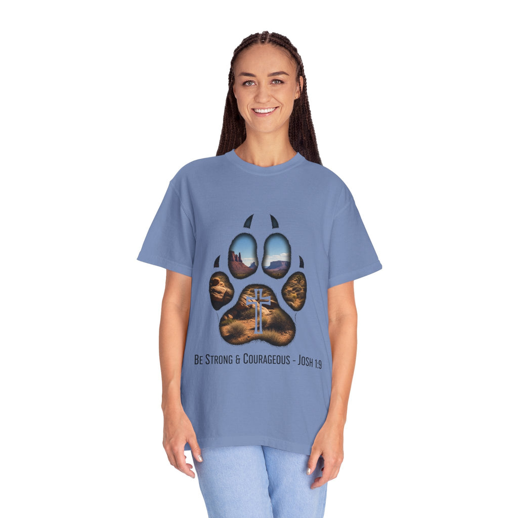 Strong and Courageous T-Shirt – Canine Pawprint Desert Joshua 1:9 Christian Tee Printify