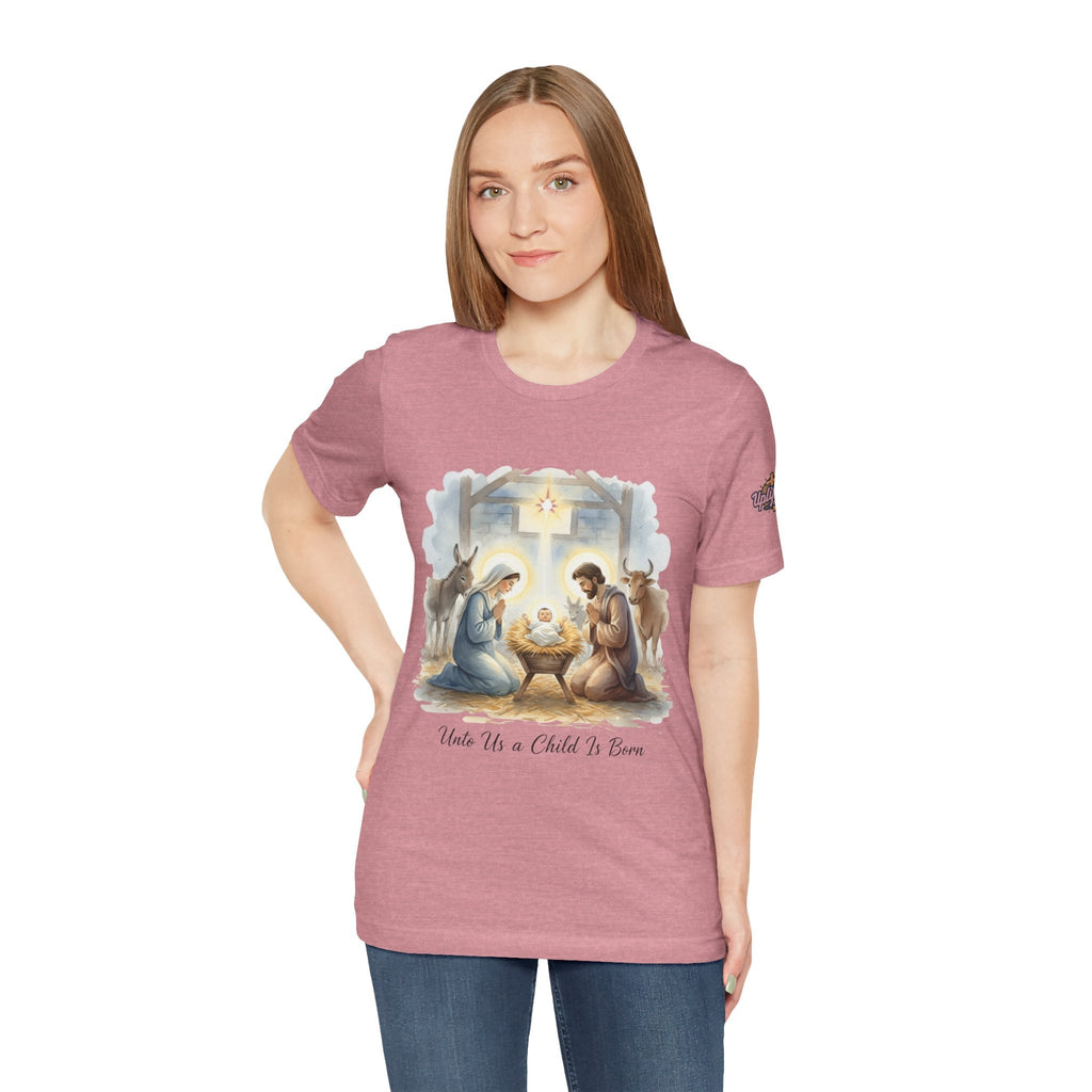 Unto Us a Child is Born T-shirt – Isaiah 9:6 Nativity Manger Scene Christian Christmas T-shirt for Holy Night Faith Printify