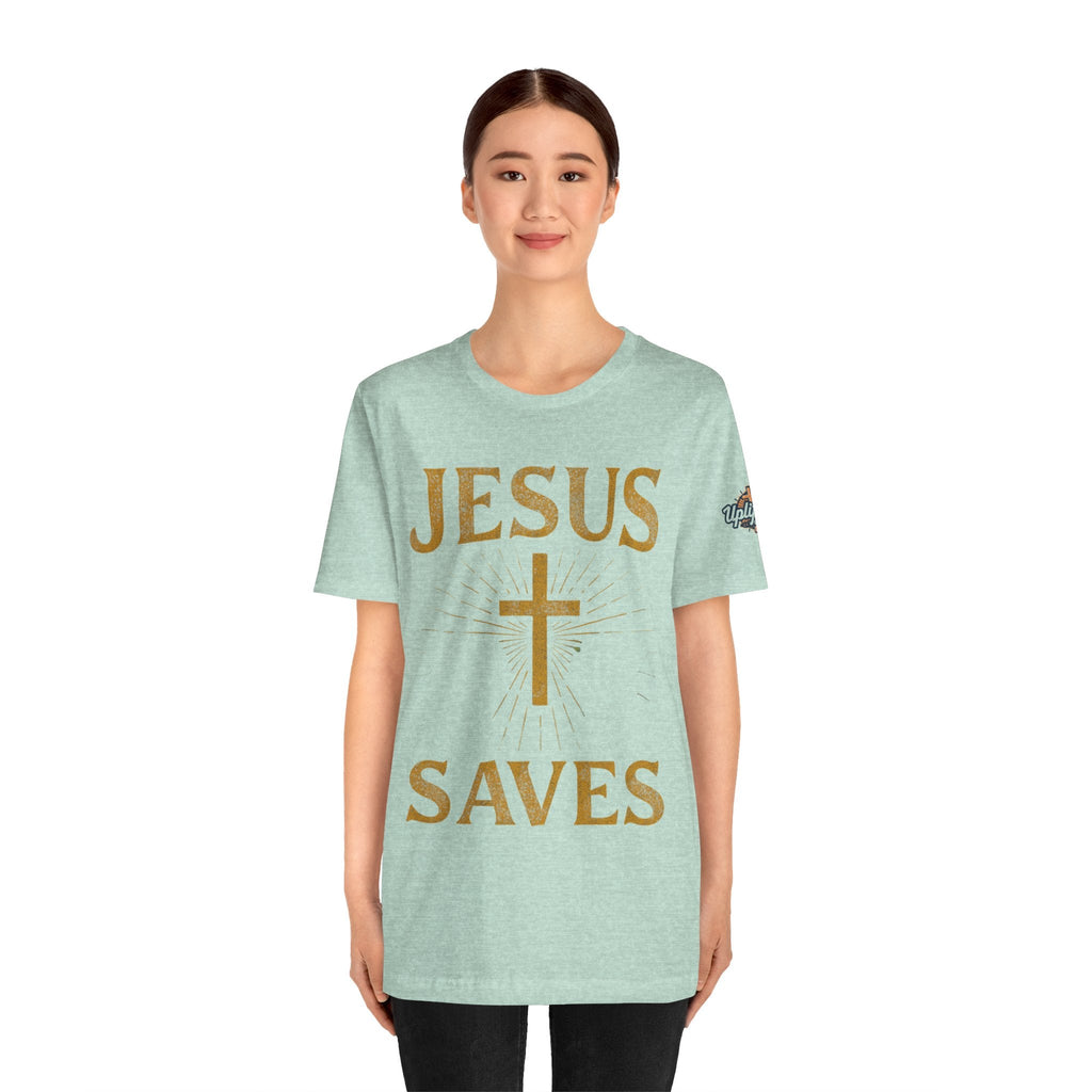 Jesus Saves T-shirt – Radiant Cross & Rays of Light Christian T-shirt for Eternal Hope & Faith Printify