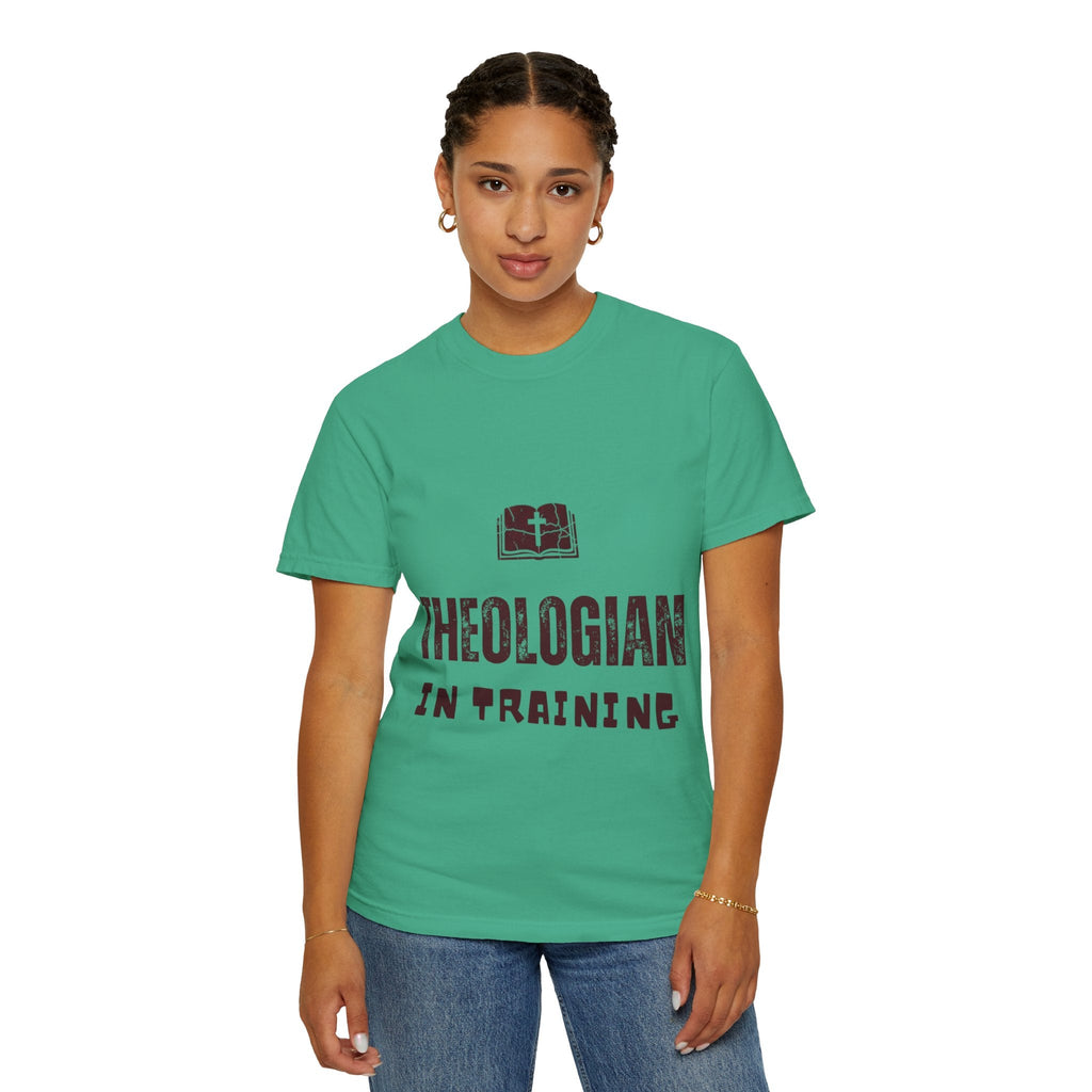 Theologian in Training T-Shirt – Open Bible & Cross Christian Tee for Faithful Learners Printify