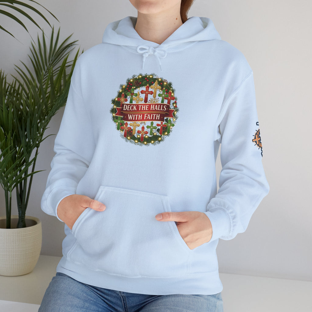 🎄 Deck the Halls with Faith – Christian Christmas Hoodie | Cross Ornament Design & Festive Garland | Bold Holiday Faith Tee by Uplifted Gear Printify