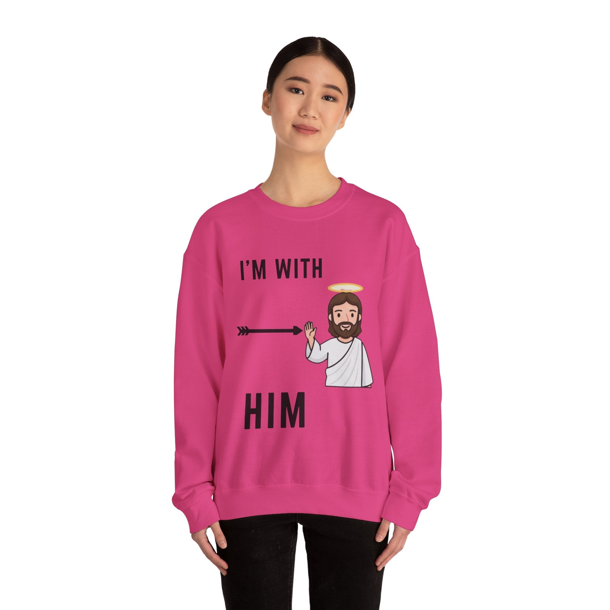 🔥 I’m With Him → Christian Sweatshirt | Arrow Pointing to Jesus | Minimalist Faith Tee | Subtle Cross Design | Bible-Inspired Apparel by Uplifted Gear Printify