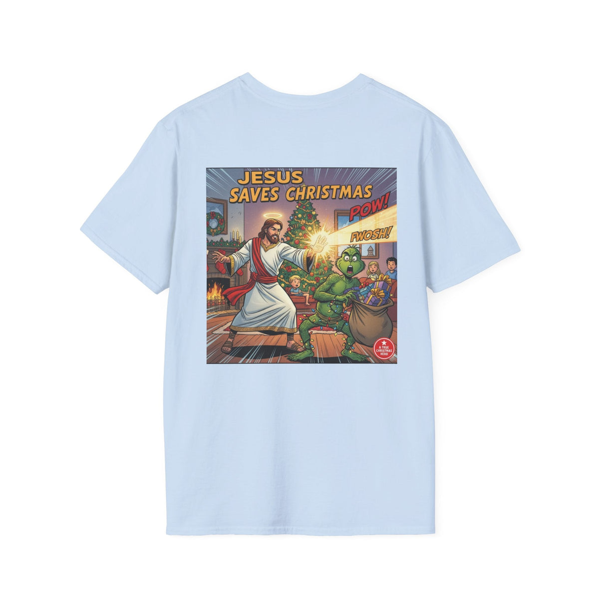 Jesus Saves Christmas T-shirt – Grinch vs Savior Light Battle Christian T-shirt for Hilarious Holiday Faith & True Joy Printify