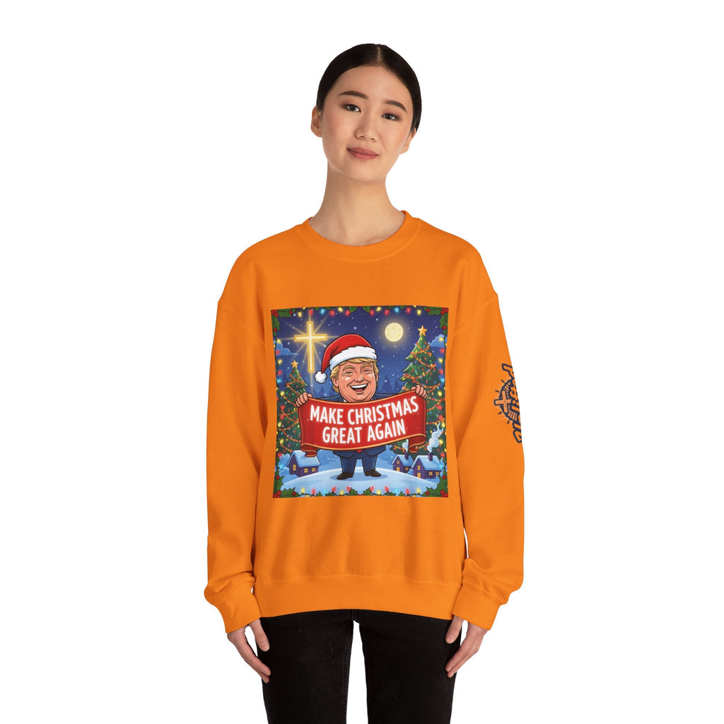 🎄 Make Christmas Great Again – Patriotic Christian Christmas Sweatshirt | Bold Holiday Faith Tee | Red & White Banner Design | Uplifted Gear Printify
