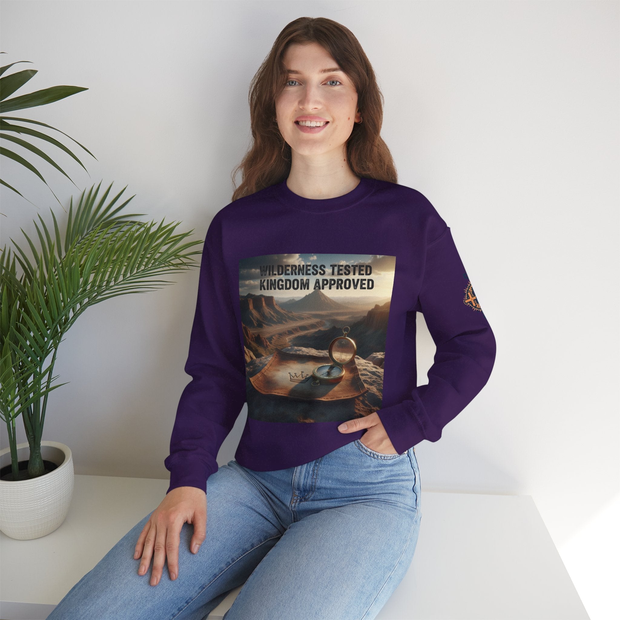 Wilderness Tested Kingdom Approved Sweatshirt – Mountain Desert Compass Crown Christian Sweatshirt for Biblical Adventure Faith Printify