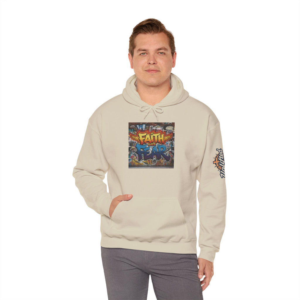 Faith Over Fear Hoodie – Graffiti Wall Christian Sweatshirt for Bold 2 Corinthians 5:7 Streetwear & Unshakable Faith Printify