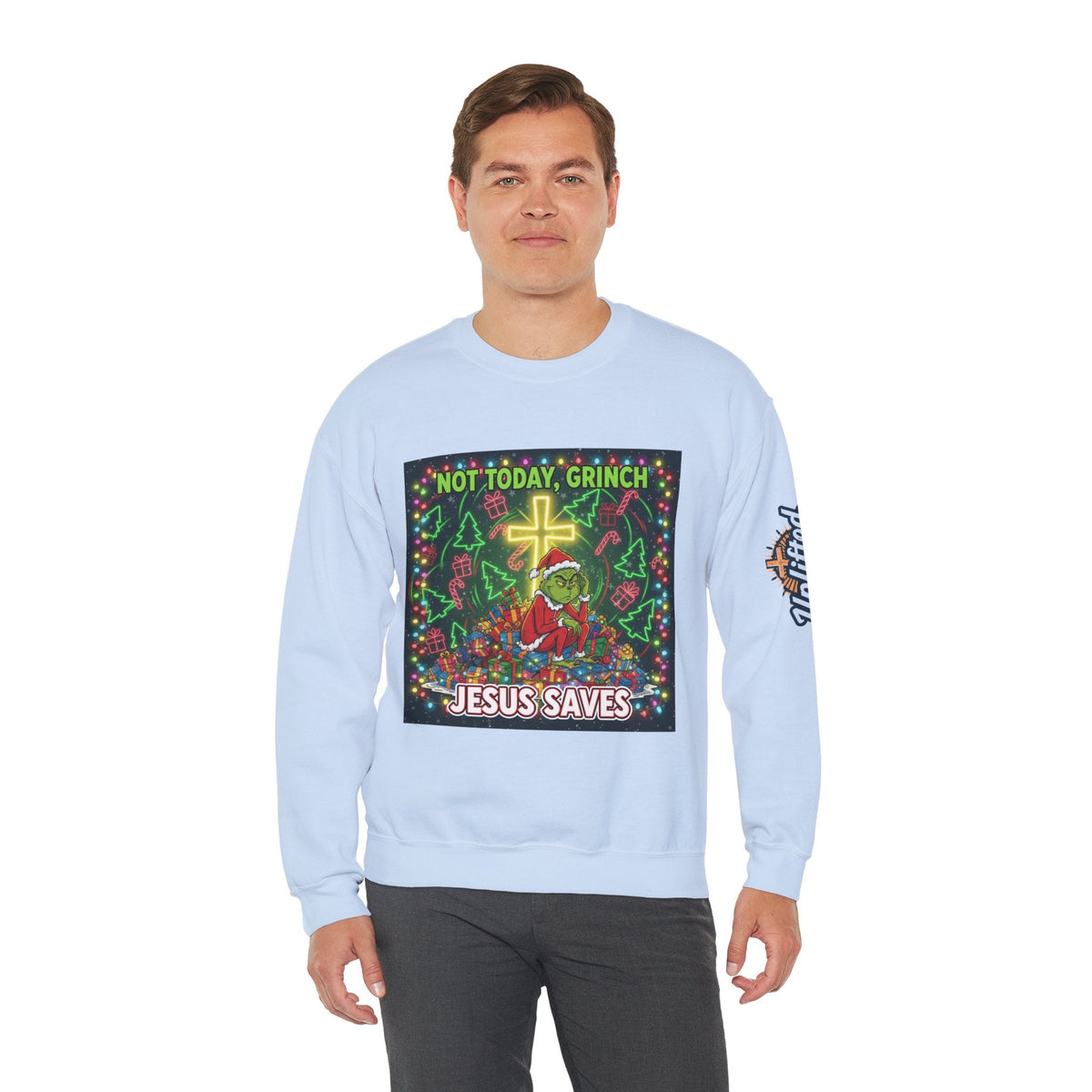🎄 Not Today, Grinch – Jesus Saves | Funny Christian Christmas Sweatshirt | Festive Green & Red Cartoon Style | Bold Faith Holiday Tee by Uplifted Gear Printify