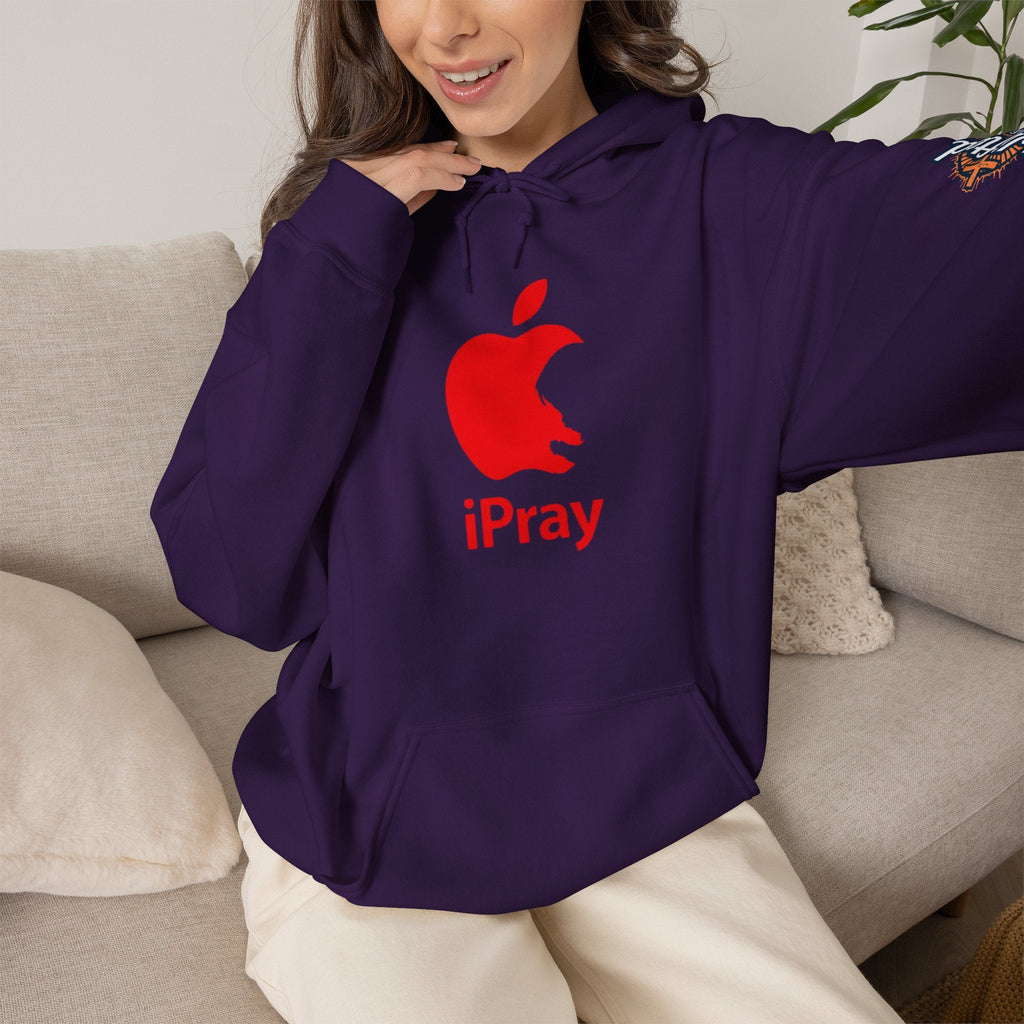 iPray Apple Logo Hoodie — Funny Christian Hoodie (Minimal Red Apple Graphic) Printify