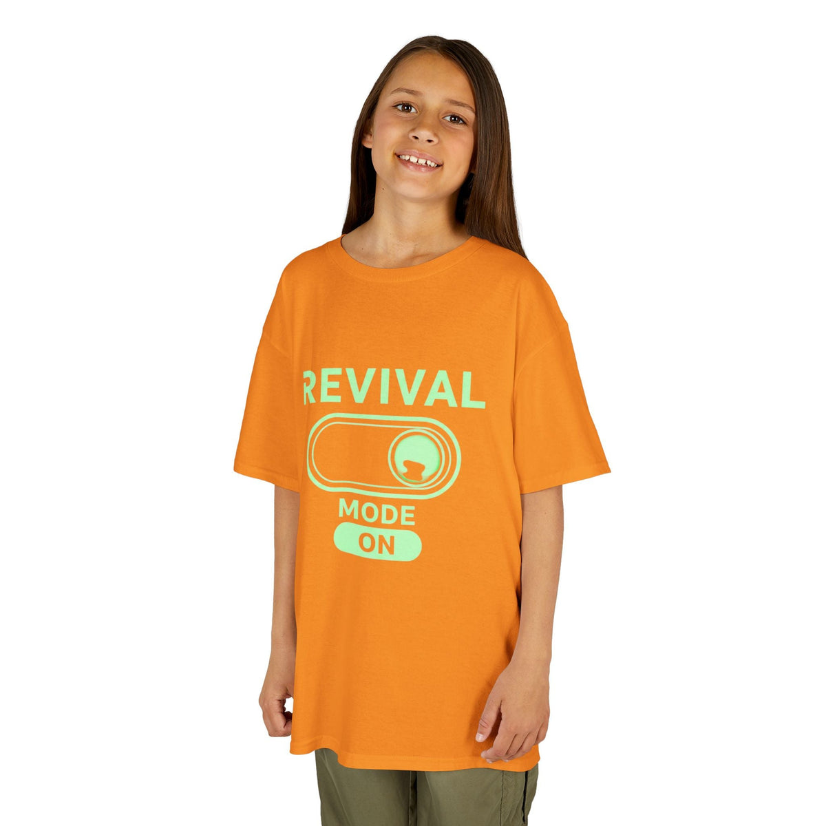 🔥 Revival Mode: ON – Christian Techwear Kids T-Shirt | Glowing Green Faith Switch | Futuristic Jesus Shirt | Activate Your Spiritual Awakening | Uplifted Gear Printify