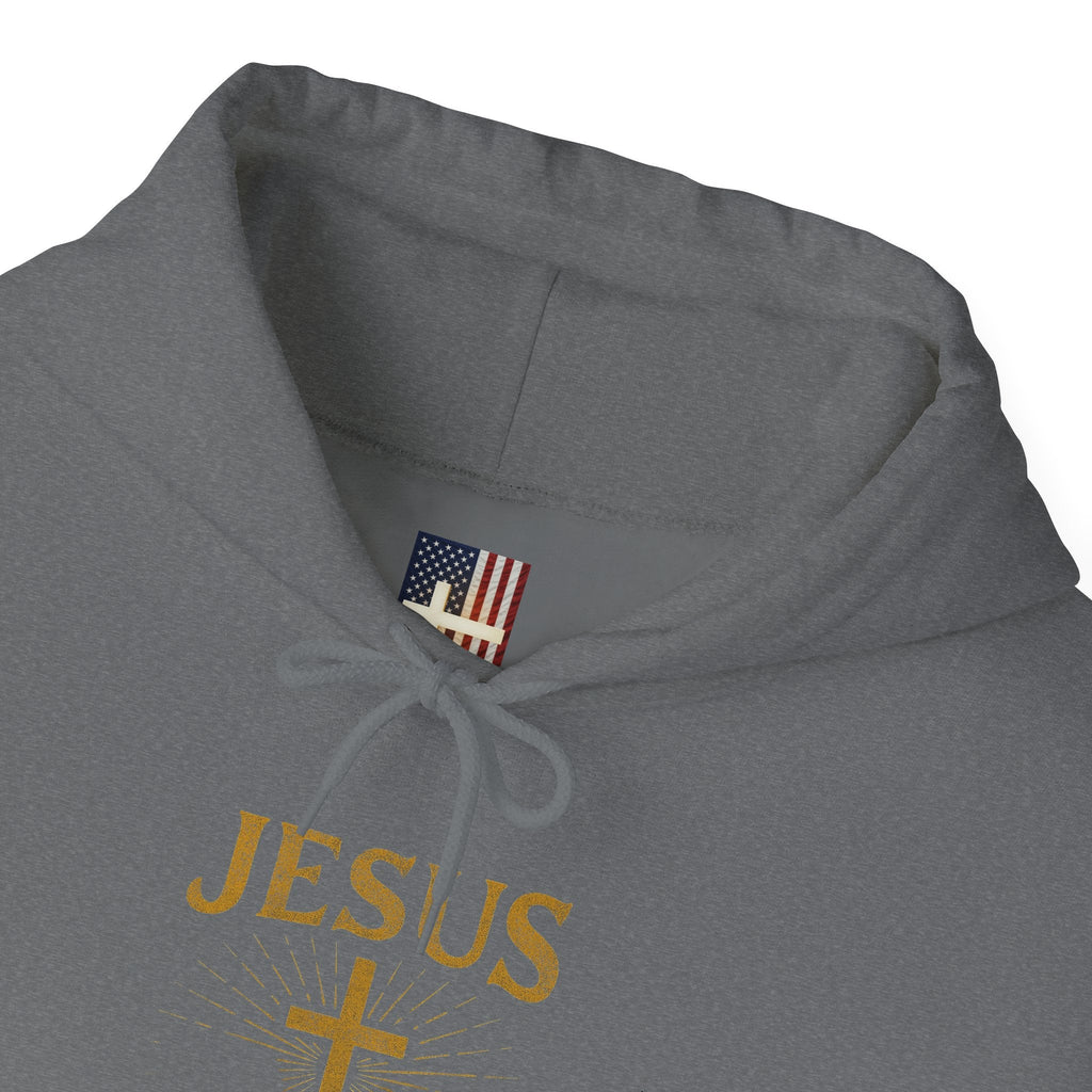 Jesus Saves Hoodie – Radiant Cross & Rays of Light Christian Sweatshirt for Eternal Hope & Faith Printify
