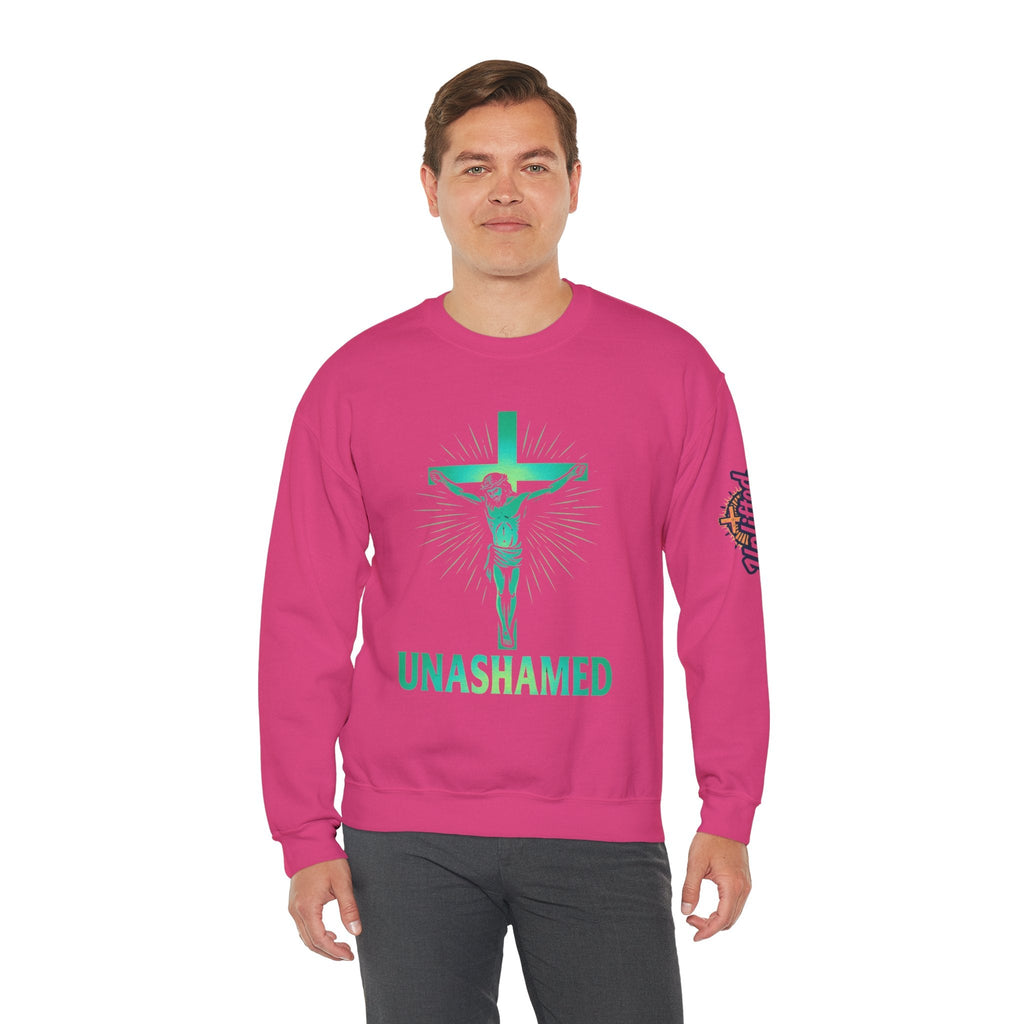 Unashamed Sweatshirt – Romans 1:16 Crucifixion Christian Sweatshirt for Bold Unwavering Faith Printify