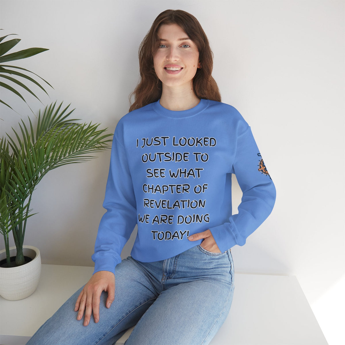 What Chapter of Revelation Sweatshirt – I Looked Outside My Window Christian Sweatshirt for End Times Humor & Faith Printify