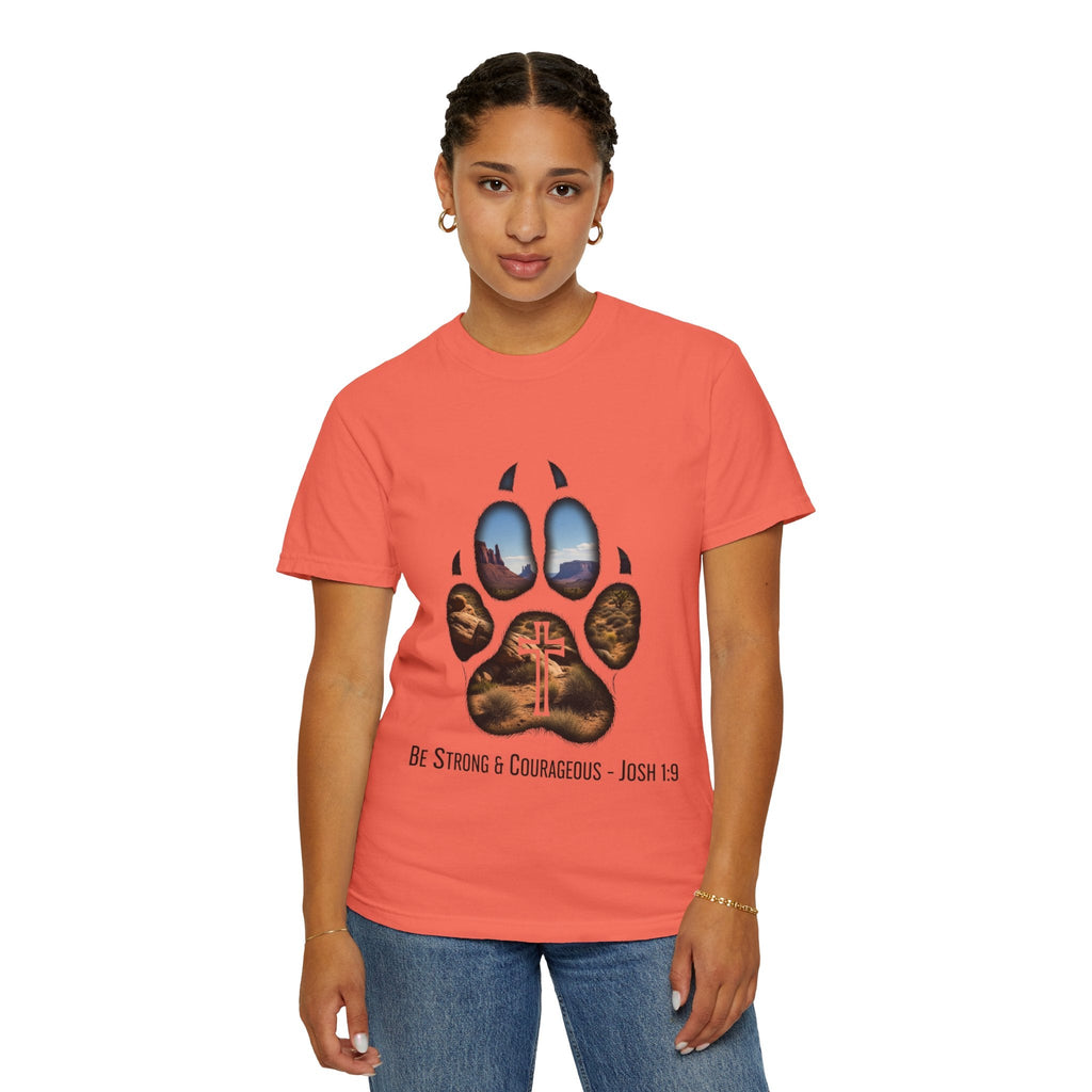 Strong and Courageous T-Shirt – Canine Pawprint Desert Joshua 1:9 Christian Tee Printify