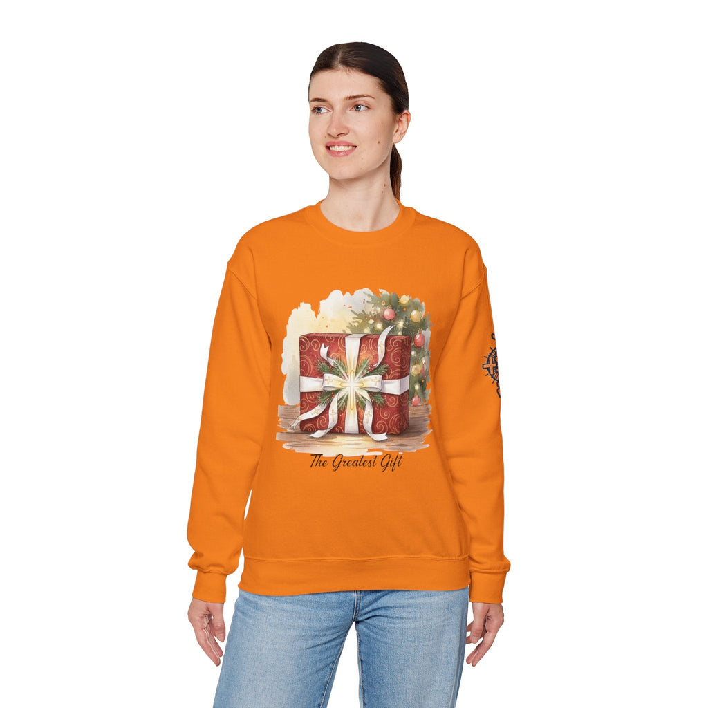 The Greatest Gift Sweatshirt – Cross Bow Present Christian Sweatshirt for Christmas Salvation & Eternal Faith Printify