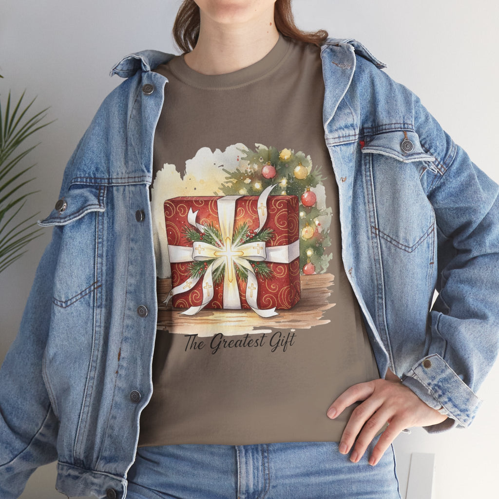 The Greatest Gift T-shirt – Cross Bow Present Christian T-shirt for Christmas Salvation & Eternal Faith Printify