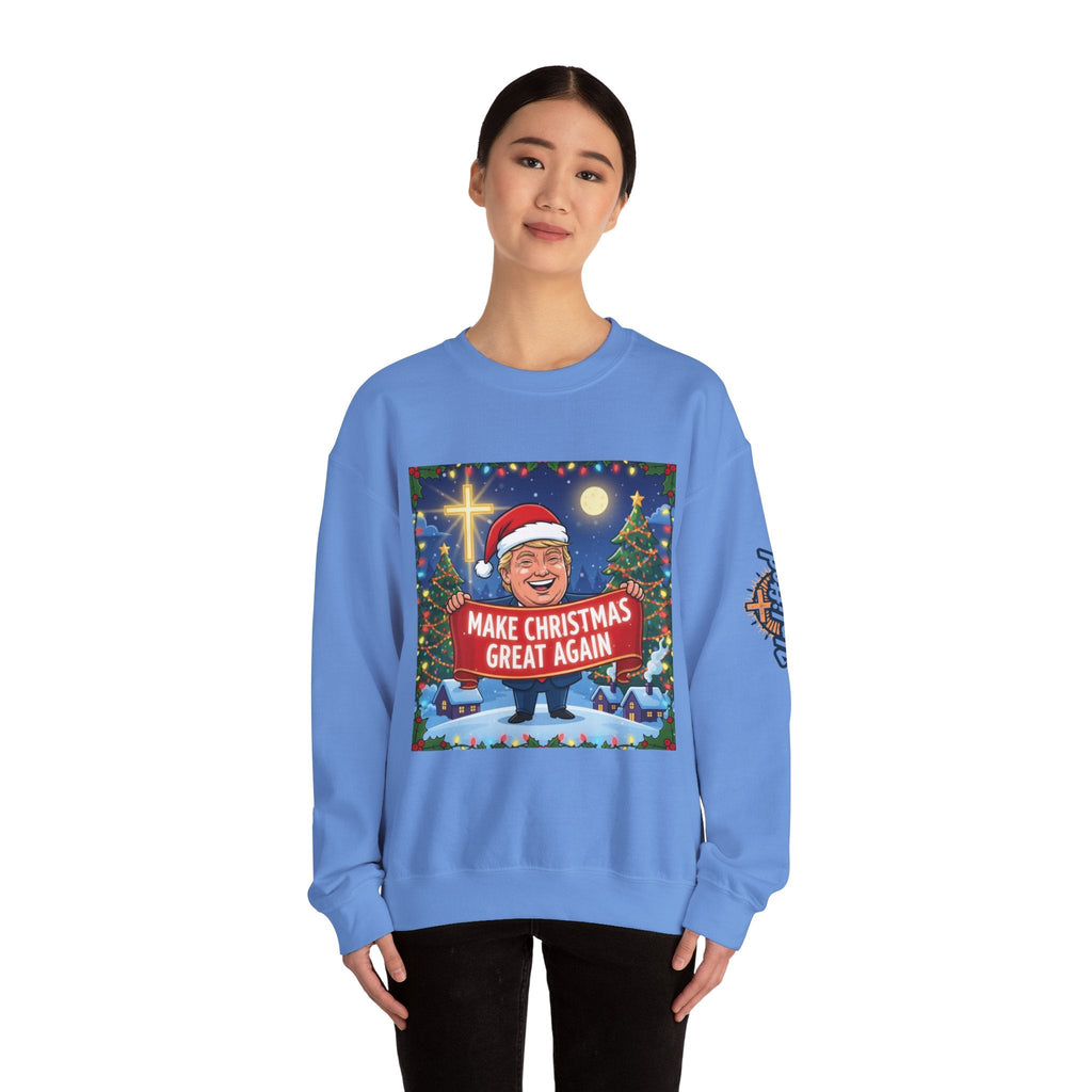 🎄 Make Christmas Great Again – Patriotic Christian Christmas Sweatshirt | Bold Holiday Faith Tee | Red & White Banner Design | Uplifted Gear Printify
