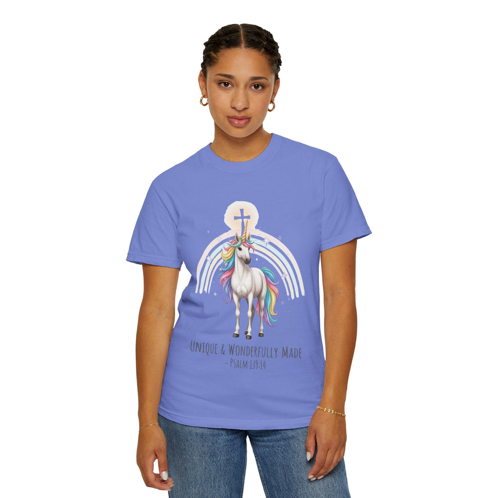 Unique Unicorn Christian T-Shirt – Wonderfully Made with Rainbow Cross & Psalm 139:14 Printify