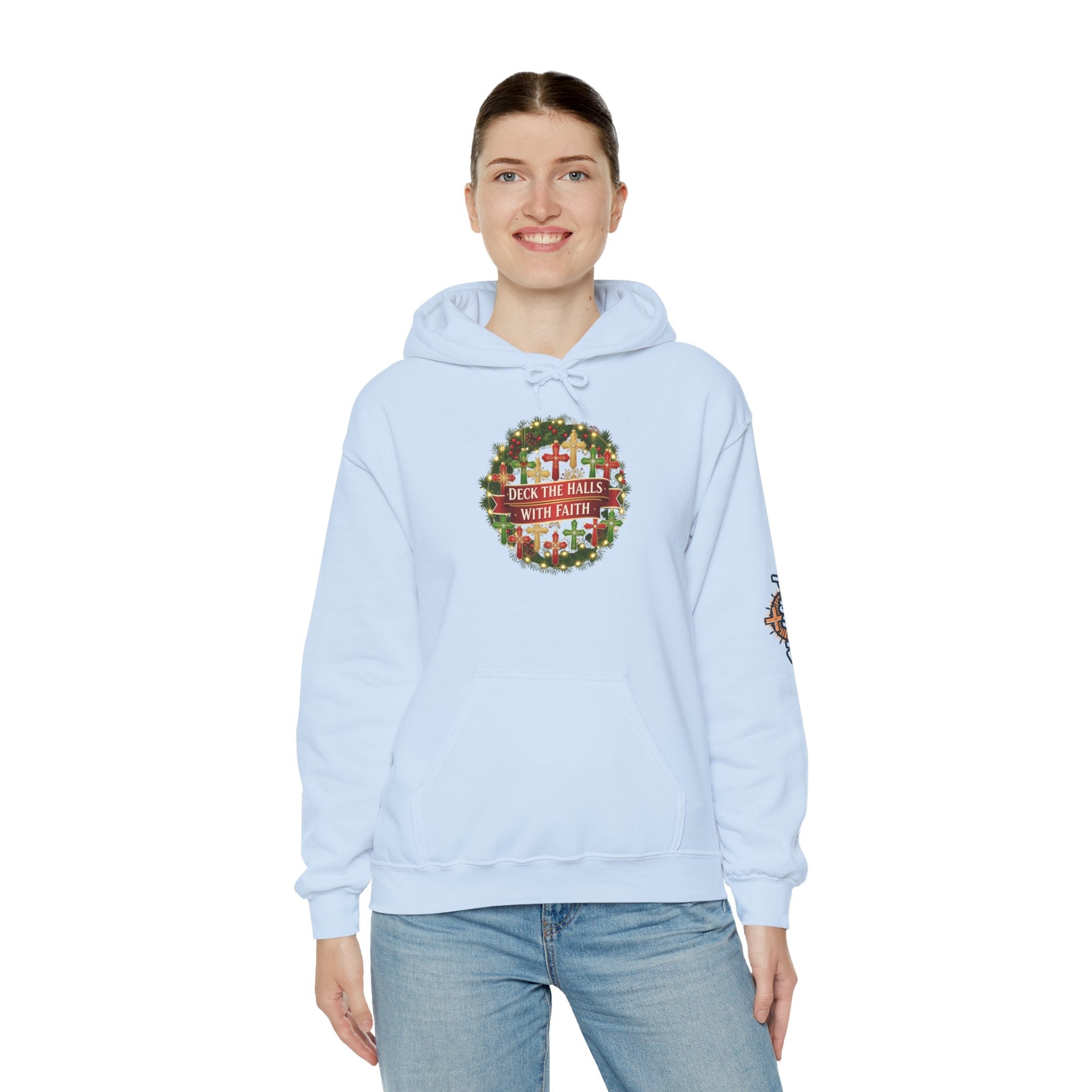 🎄 Deck the Halls with Faith – Christian Christmas Hoodie | Cross Ornament Design & Festive Garland | Bold Holiday Faith Tee by Uplifted Gear Printify