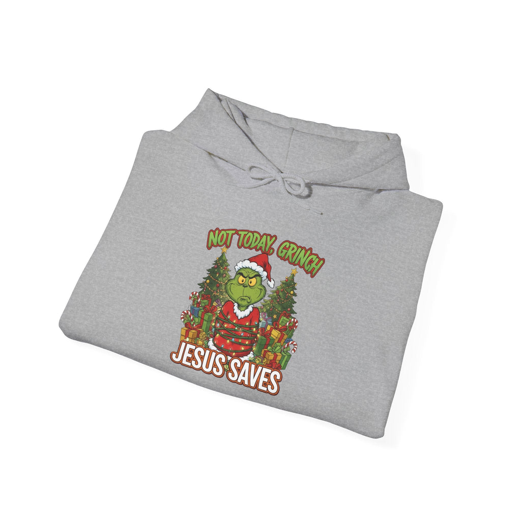 🎄 Not Today, Grinch – Jesus Saves | Funny Christian Christmas Hoodie | Sulking Grinch & Glowing Cross | Bold Neon Faith Tee by Uplifted Gear Printify