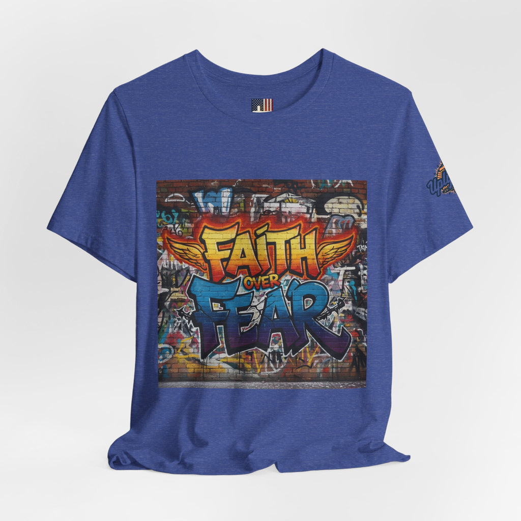 Faith Over Fear T-shirt – Graffiti Wall Christian T-shirt for Bold 2 Corinthians 5:7 Streetwear & Unshakable Faith Printify