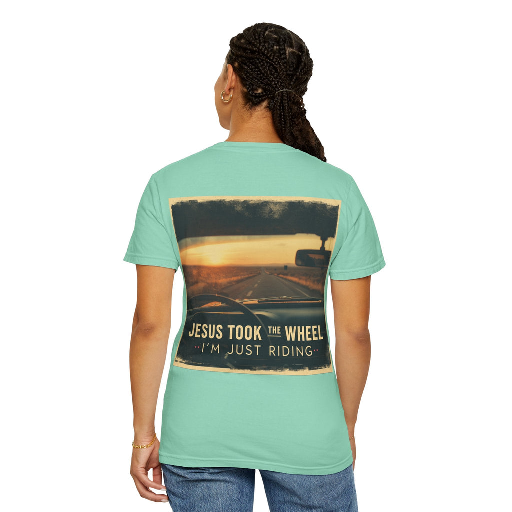 Jesus Took the Wheel I'm Just Riding T-shirt – Funny Christian Convertible Car T-shirt for Surrendered Faith & Humor Printify