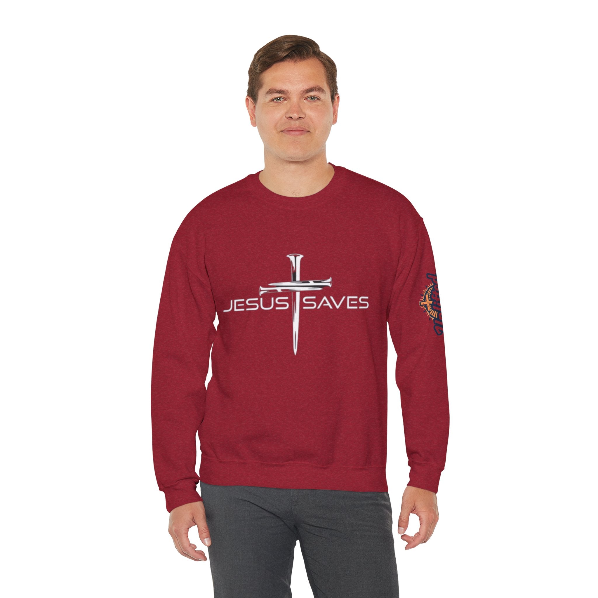 Jesus Saves Sweatshirt – 3 Nails Crucifix Cross Christian Sweatshirt for Redemption Faith & Bold Salvation Printify