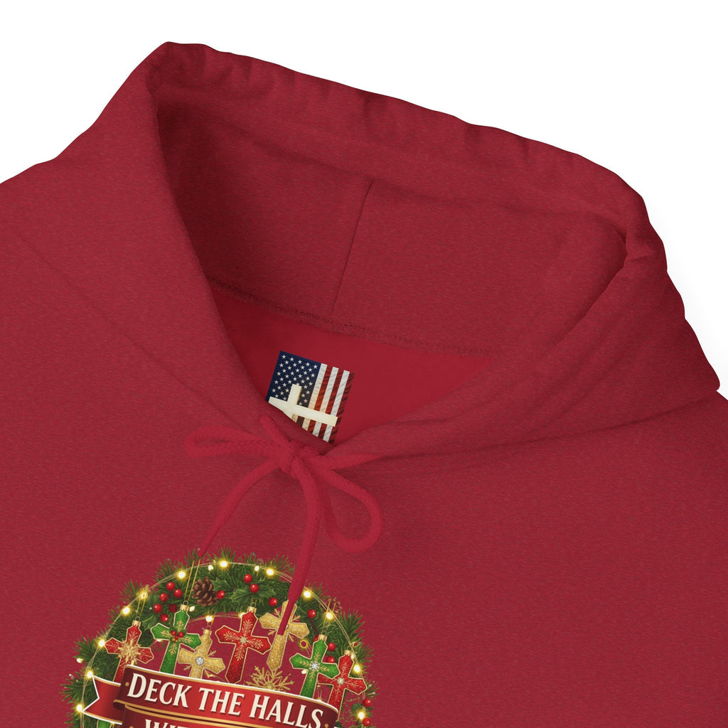 🎄 Deck the Halls with Faith – Christian Christmas Hoodie | Cross Ornament Design & Festive Garland | Bold Holiday Faith Tee by Uplifted Gear Printify