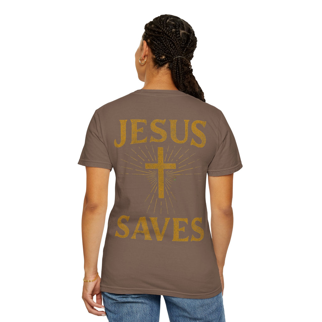 Jesus Saves T-shirt – Radiant Cross & Rays of Light Christian T-shirt for Eternal Hope & Faith Printify