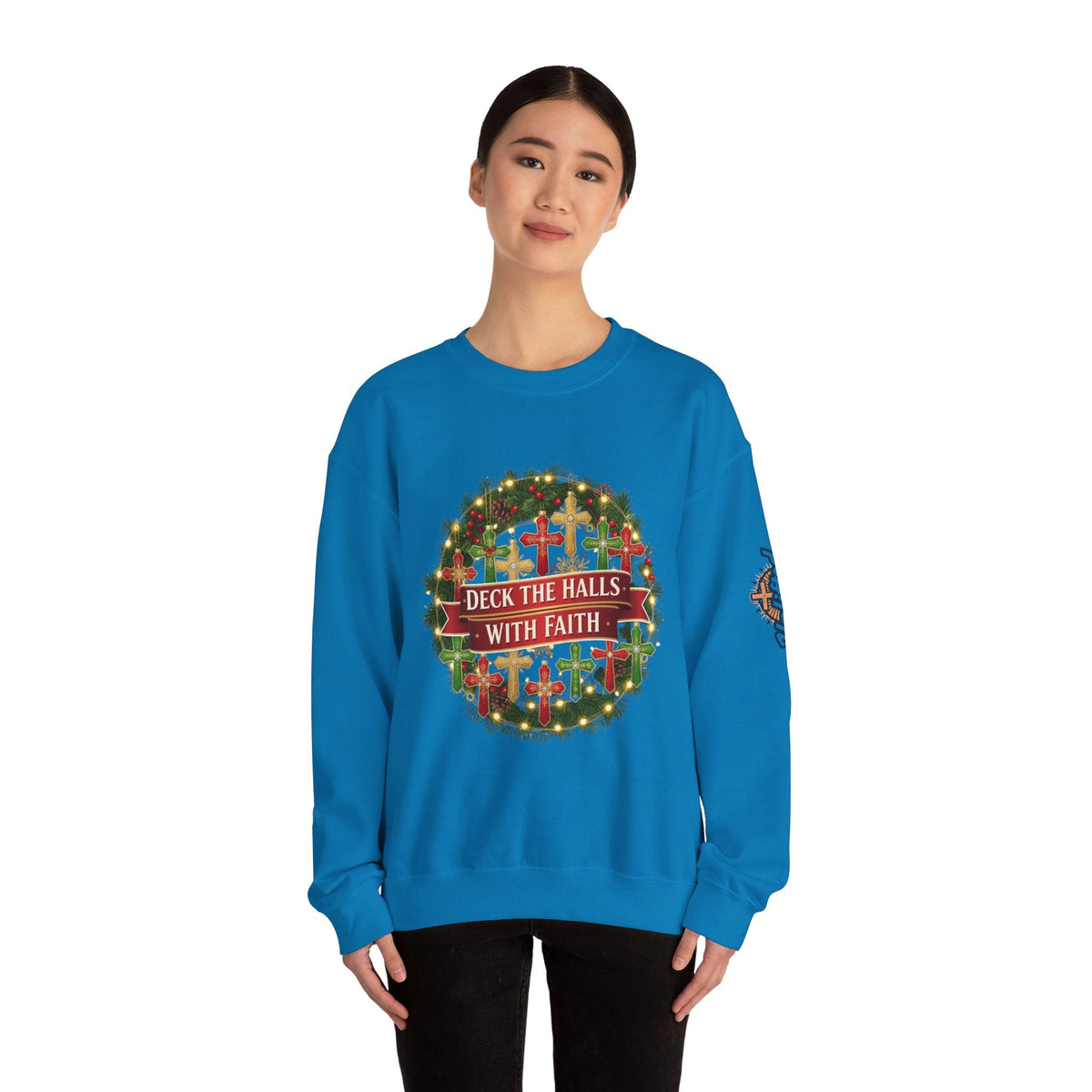 🎄 Deck the Halls with Faith – Christian Christmas Sweatshirt | Cross Ornament Design & Festive Garland | Bold Holiday Faith Tee by Uplifted Gear Printify