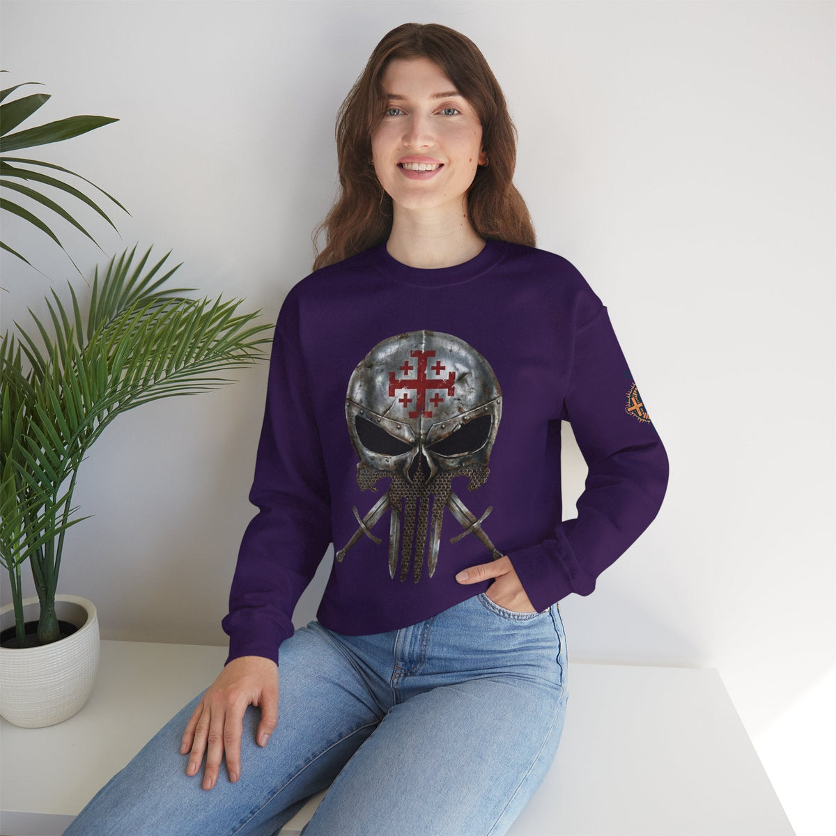 Crusader Knight Christian Skull Sweatshirt - Warrior Armor of God Sweatshirt Printify
