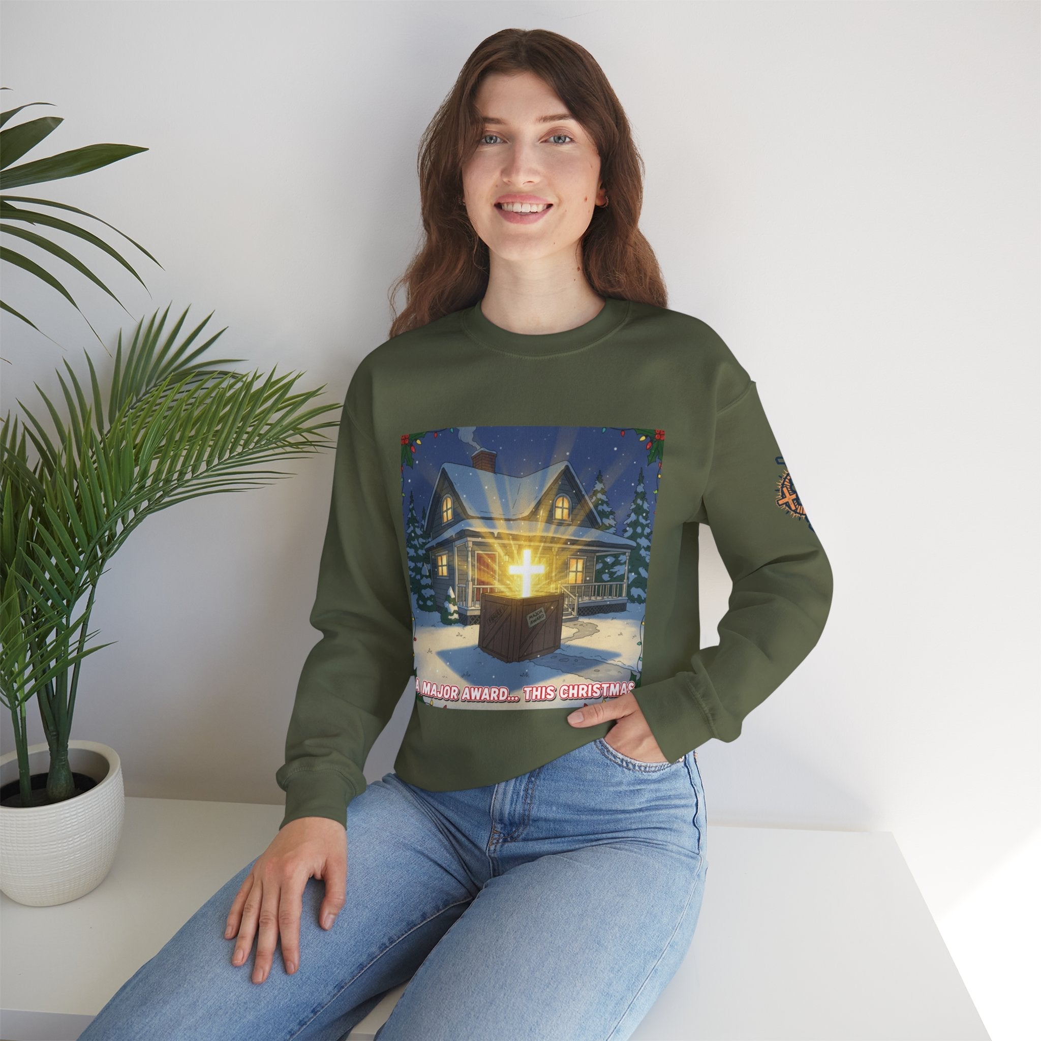 A Major Award This Christmas Sweatshirt – Fragile Leg Lamp Parody Cross Unboxing Christian Sweatshirt for Hilarious Faith & Holiday Glow Printify
